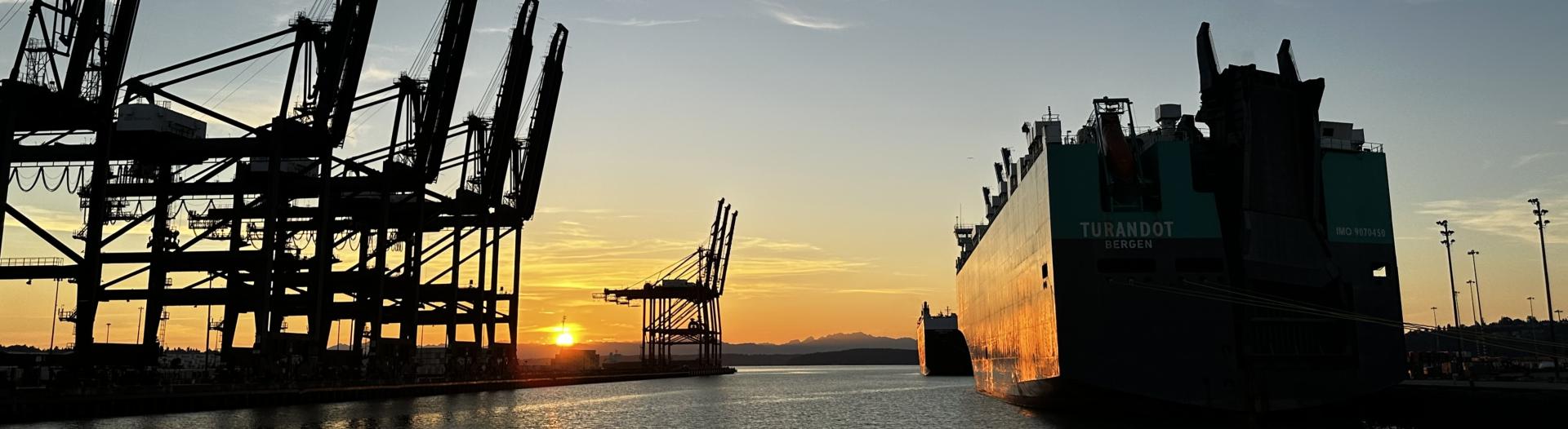 Port cranes and a container ship in front of a glowing sunset.