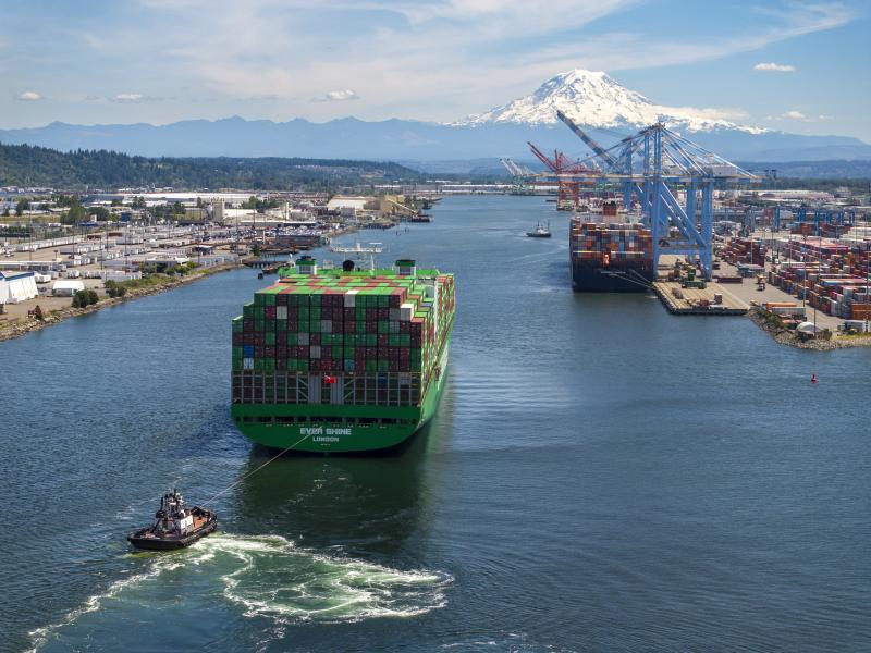 A ship moving through the Blair Waterway,